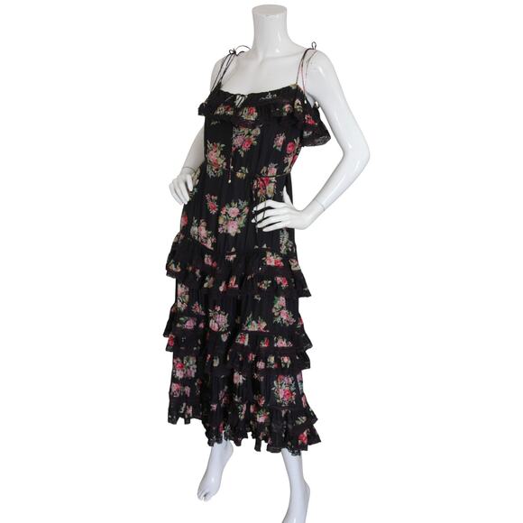 Zimmermann Honour Floral Print Silk Habutai Tiered Midi Dress Black - Picture 7 of 9